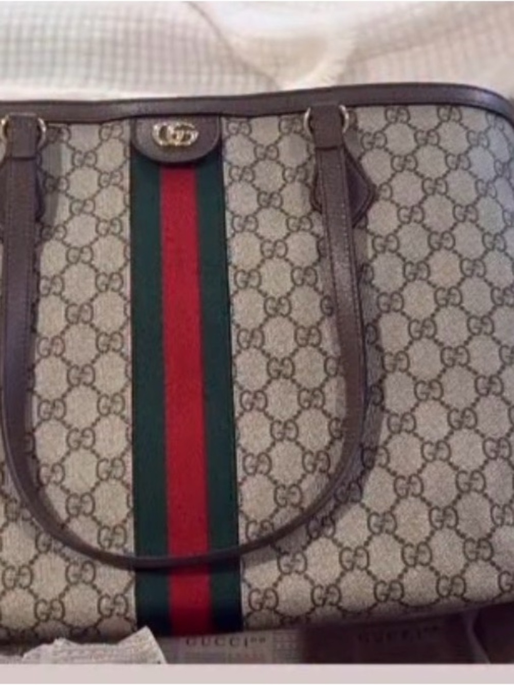 Gucci Beige GG Canvas Tote with Green-Red Web Stripe